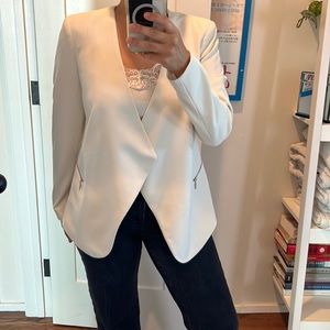 Petite drape front white blazer with silver zipper pocket accents, Cream color